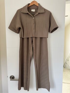 YoungLA Ribbed Wide-Leg Jumpsuit Set in Taupe